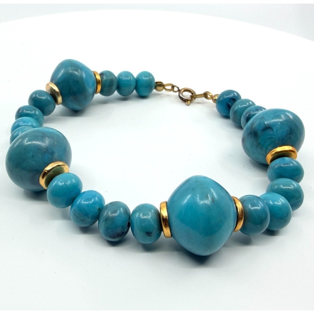 Vintage Turquoise Blue Marbled Resin Bead Bracelet Gold Tone Spacers Chunky